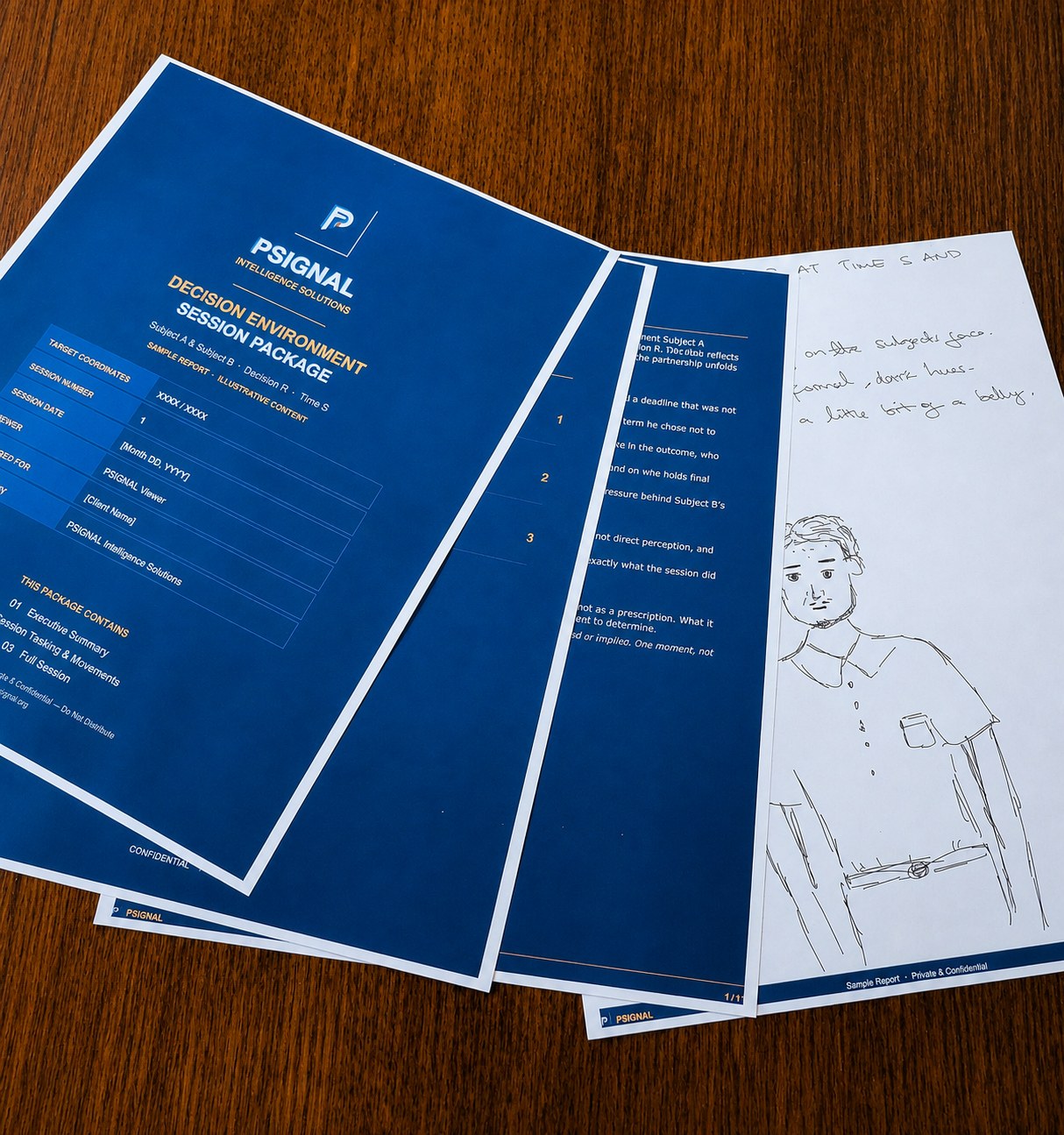 The printed PSIGNAL session package: navy cover, executive summary, and a hand-drawn session sketch
