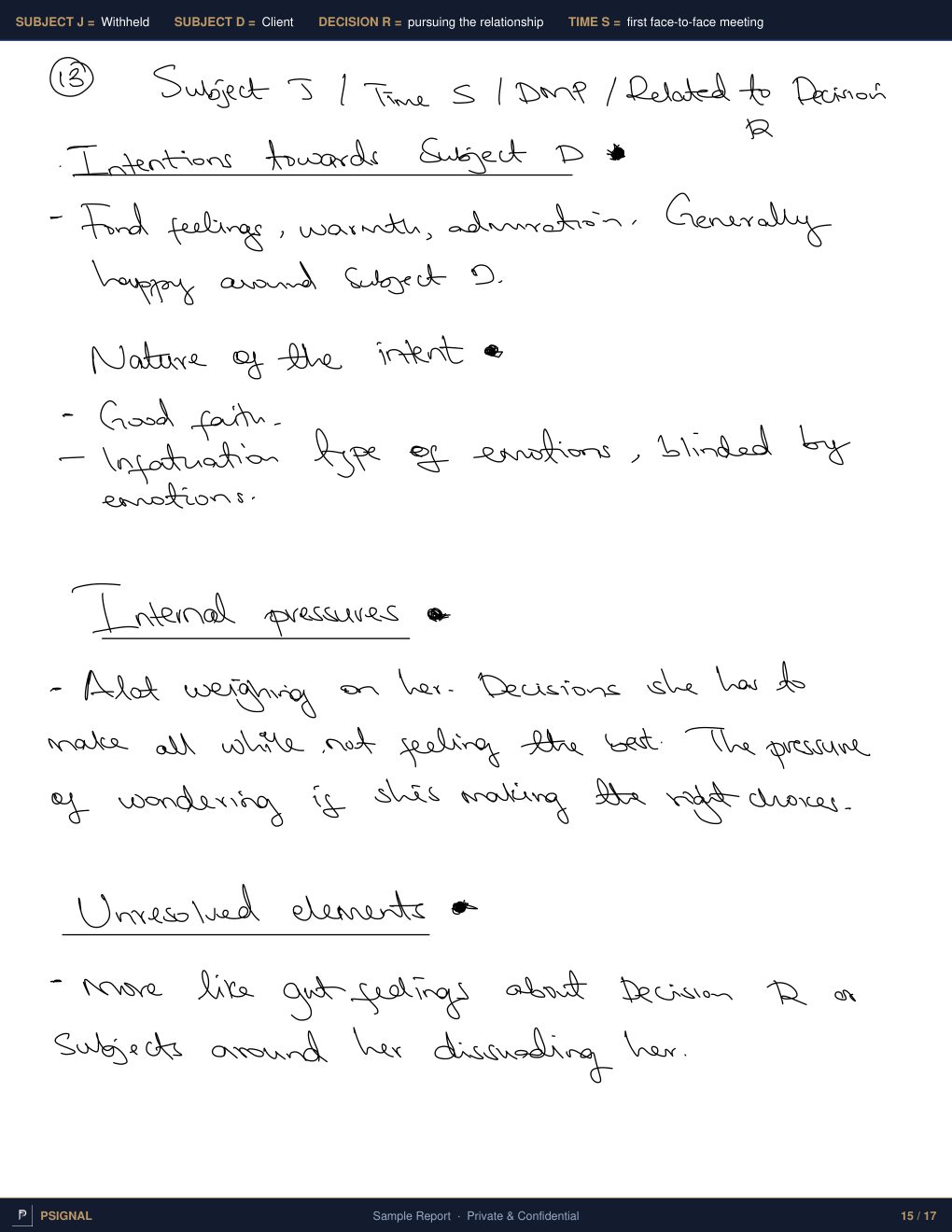 Subject J: intentions and internal pressures